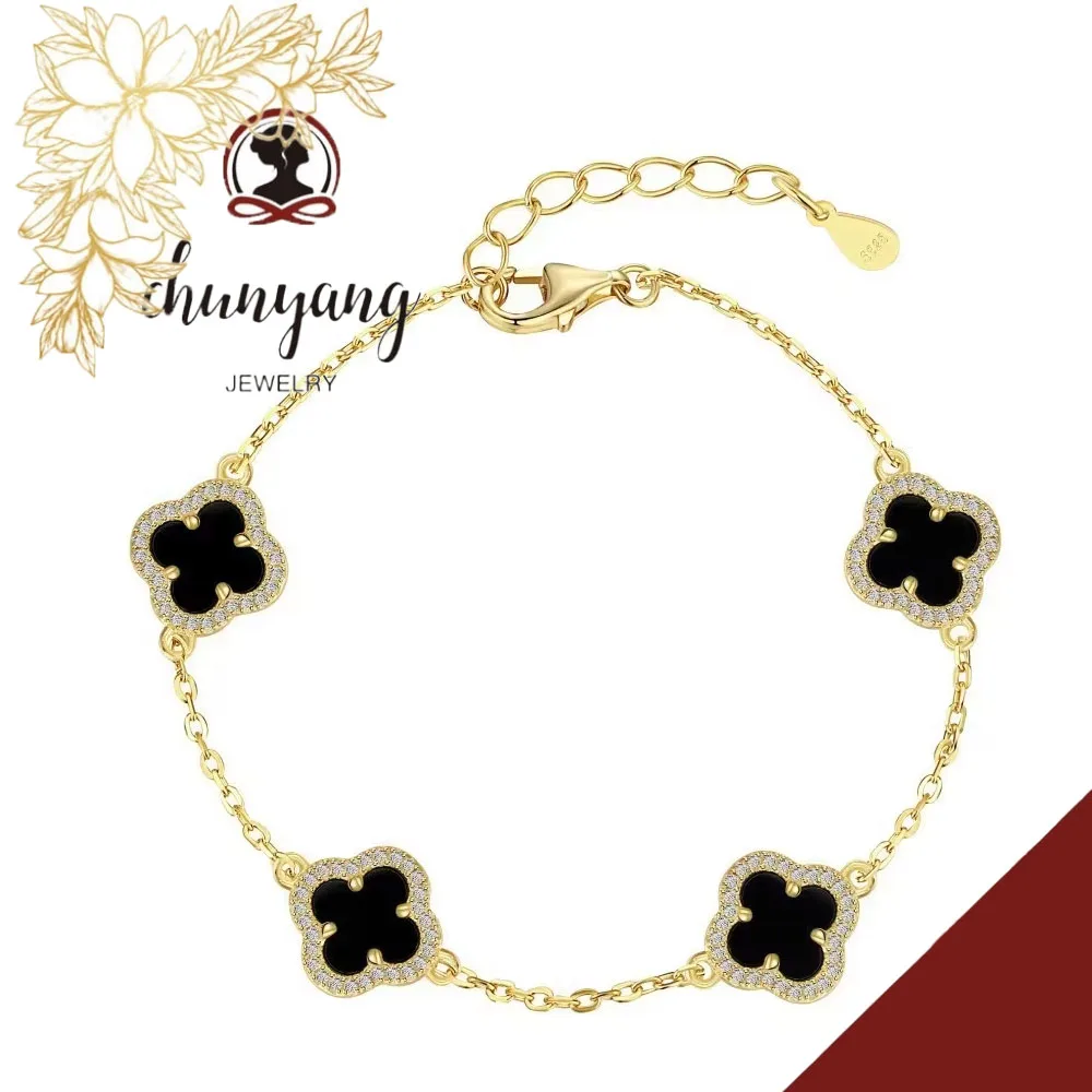European American Fashion Classic Light Luxury 925 Sterling Silver Bracelet Women Cross-Border Hot Selling Black Agate Four Leaf