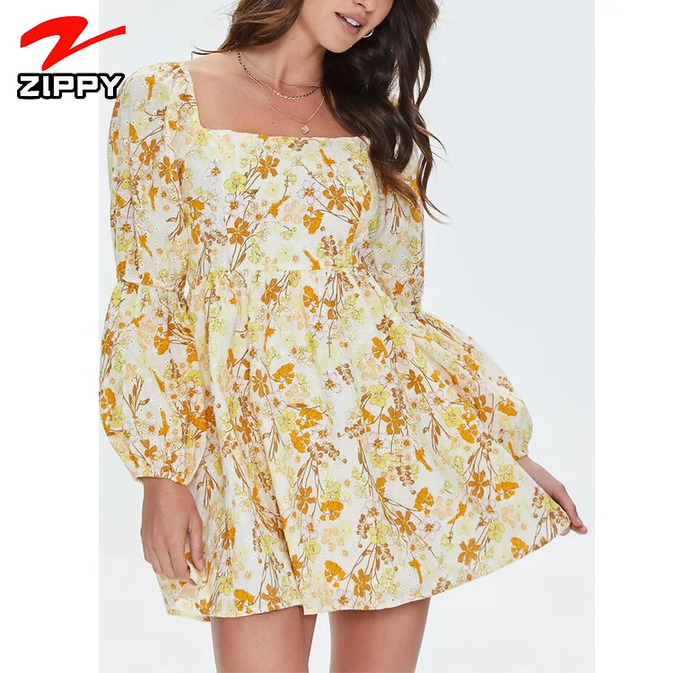 Woman Dresses New Arrivals 2022 Fashion Dresses Zippers Elegant Casual Dresses Autumn Floral 100% Polyester Ladies Mini Printed