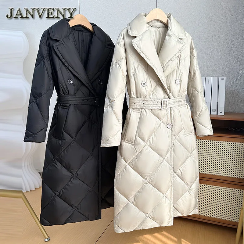 JANVENY 2024 New Winter Long Double Breasted Fluffy Puffer Coat Women Turn Down Collar Warm Down Jacket Rhombic Bathrobe Parka
