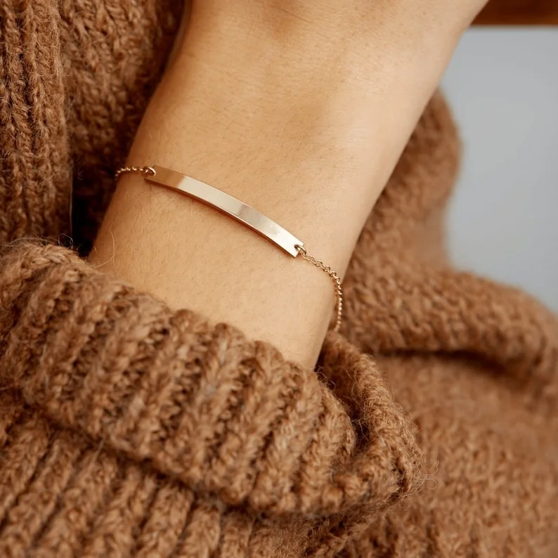 Personalized Custom Stainless Steel Engraved Logo Name Horizontal Blank Bar Pendant Bracelet