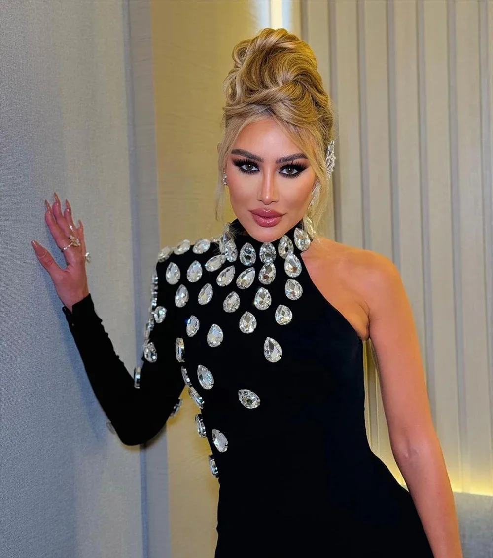 One off Shoulder Luxury Black Rhinestone Diamond Evening Bandage Para Mujer Celebrity Party Wholesale Women Dress Vestido Outfit