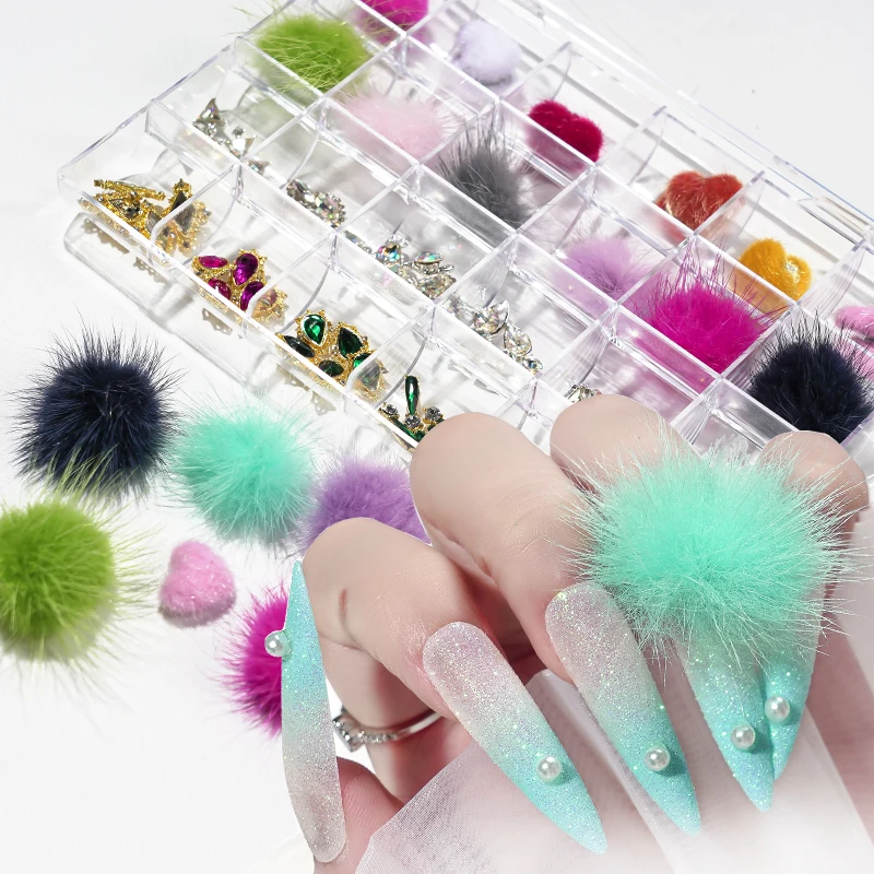 24 Grids mixed aurora crystal candy bow-knot bear heart nail decoration jewelry nail art rhinestones charms set