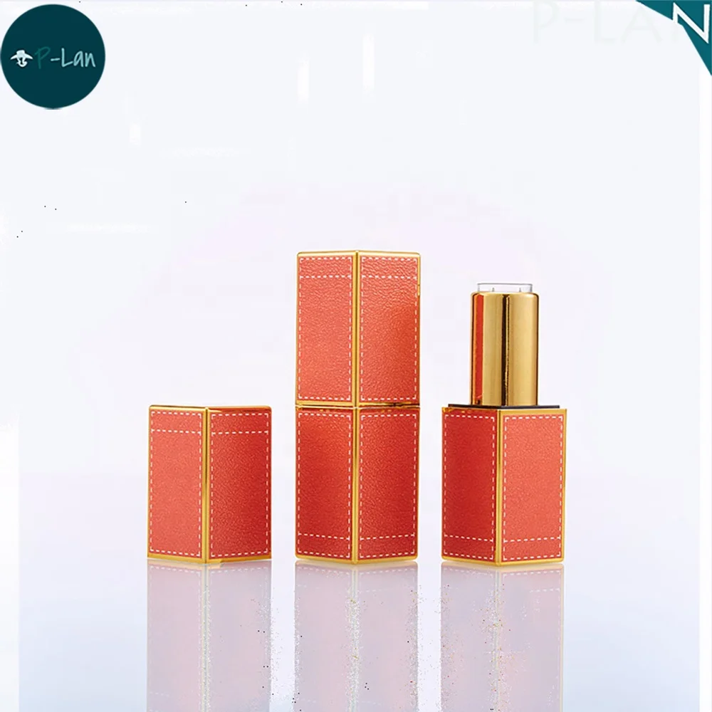 P-Lan Stock High Quality 3D Leather Printed D12.1MM Lipstick Tube Custom Logo Red Orange Green Empty Magnet Lipstick Container