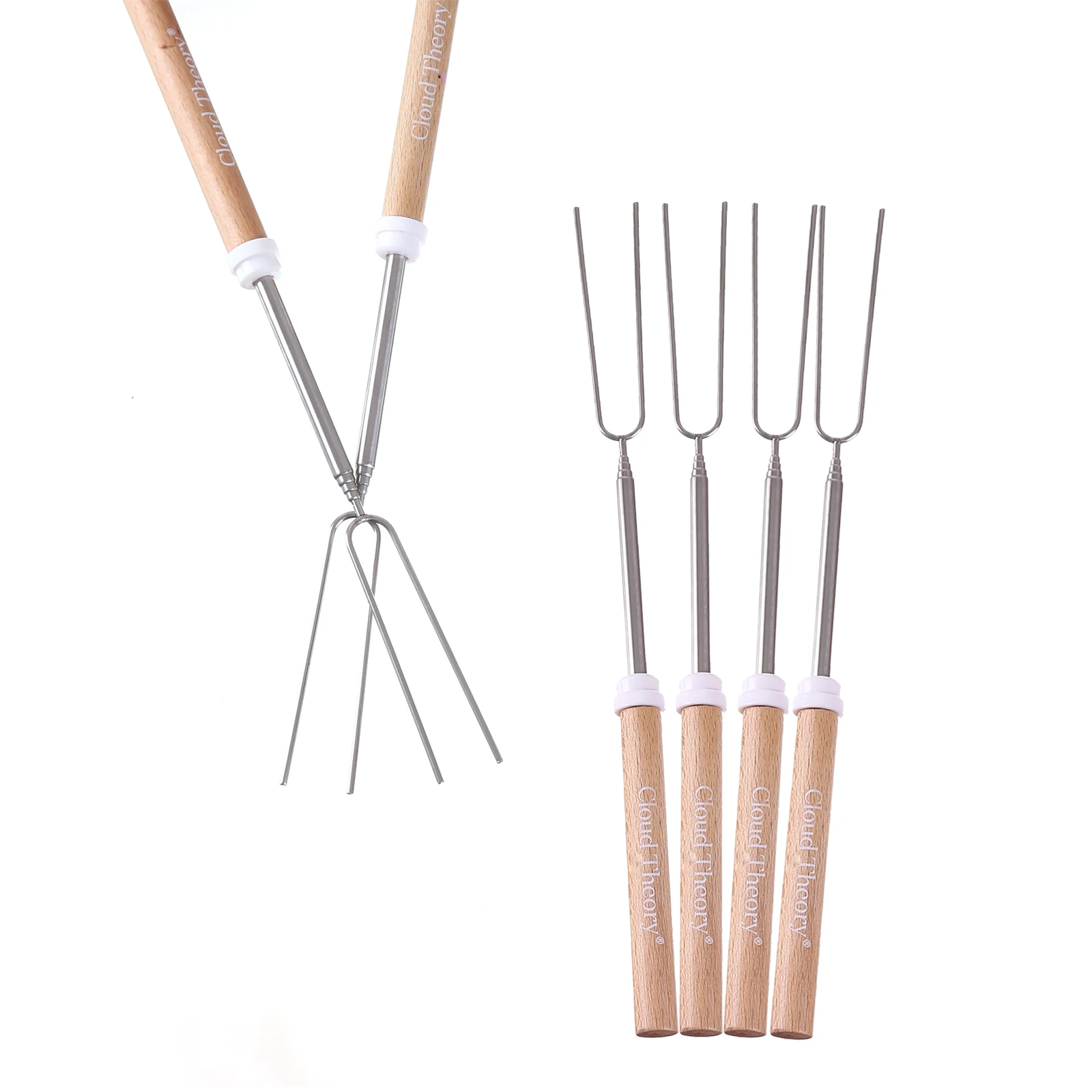 Custom High Quality Beech Wood Handle Marshmallow BBQ Skewers Telescoping Roasting Sticks Stainless Steel BBQ Stick Forks