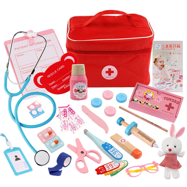 Doctor Toys for Children Set Kids Wooden Pretend Play Kit Games for Girls Boys Red Medical Dentist Medicine Box Cloth Bags