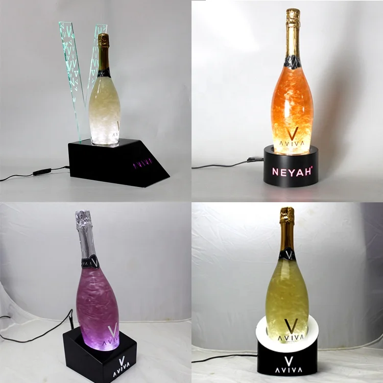 
led sparkling acrylic bottle glorifier display stand, AVIVA acrylic gold wine 360 degree rotating display rack 