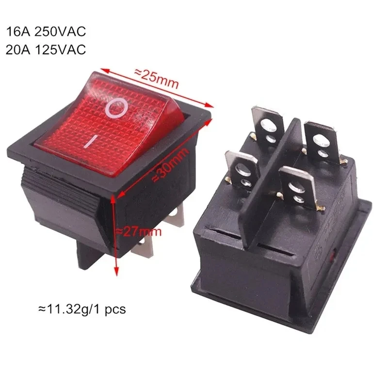 KCD4-201N 4-контактный 2-позиционный кулисный переключатель 16A/250V красная кнопка включения/выключения с красным светом