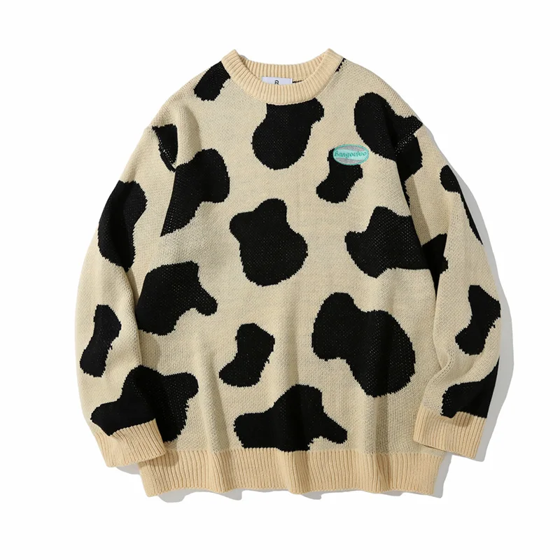 AW 2022 oversized desgin cow jacquard knitted pattern round neck casual pullover sweater