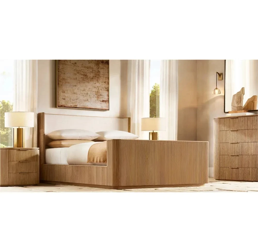 Factory Supply Cal King Oak Wood Bed Handcraft Byron Fabric Shelter Bed With Footboard For Bedroom