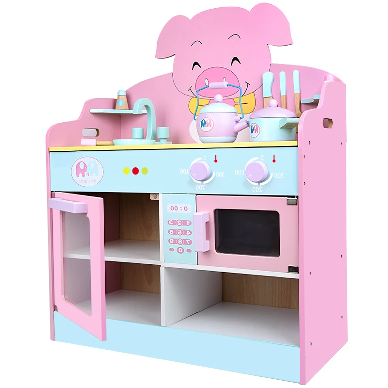 Creative Wooden Simulation Safety Pink Pig Kitchen Cooking Set Montessori Educational Big Kitchen Sets Toys Building Blocks