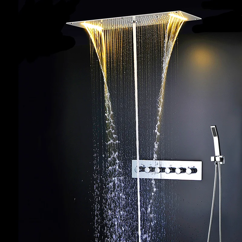 Wall Mounted Hotel Bathroom Complete Head Hand Bath Rain Shower LED Column Faucet Mixer Shower Set Sanitary Ware