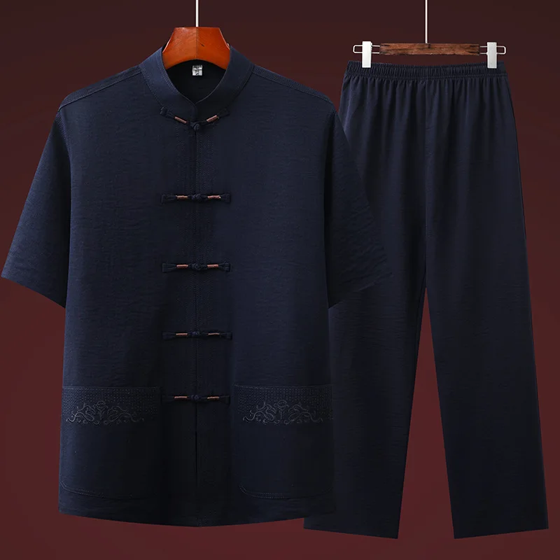Ecowalson Men Hand Button Tang Suit Shirt Pants Cotton And Linen Vintage Mandarin Collar Tai Chi Kong Fu Clothing Long Sleeve