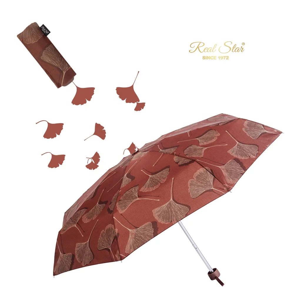 RST light small travel  wholesale ladies folding leaves printing 5 fold mini umbrella