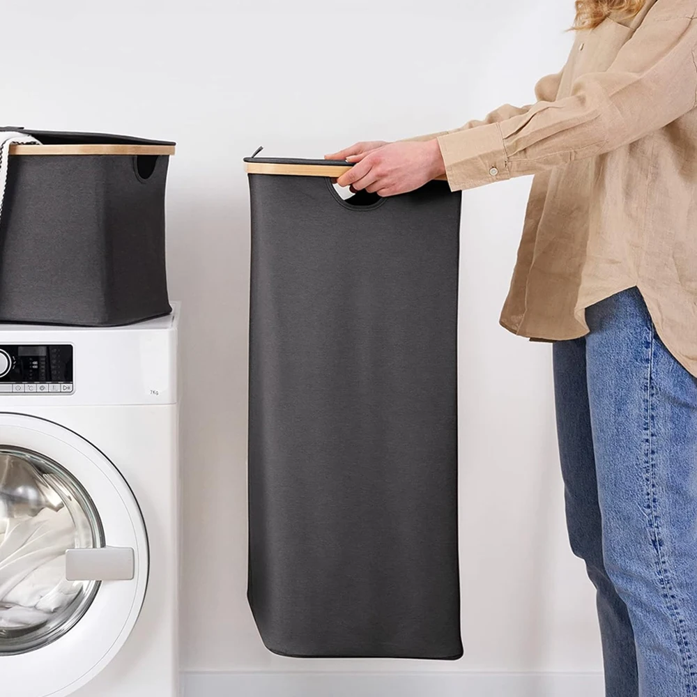 Bamboo Laundry Hamper Foldable Dirty Clothes Hamper with Handle, Waterproof Collapsible Laundry Basket