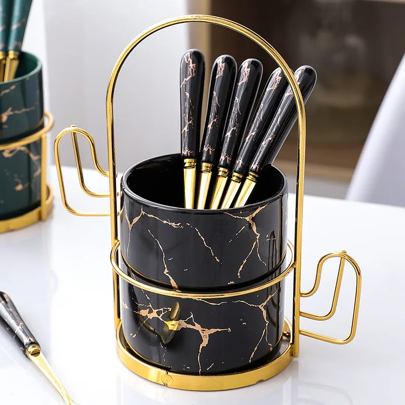 Unique Design Stainless Steel Cutlery Tea Spoon Set Marble Ceramic Handle Golden Dessert with Holder