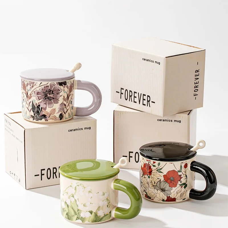 Vintage oil painting style coffee cup with lid premium sense niche mug