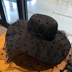 Elegant Outdoor Face Cover Sunshade Wide Brim Sun Hat Lace Beach Straw Hats