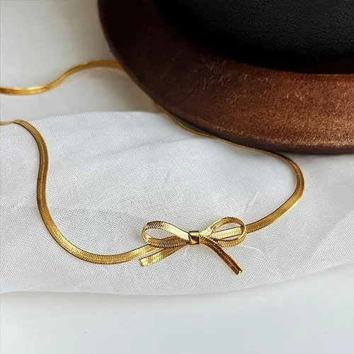 2024 Vintage Style Gold Plated Stainless Steel Snake Bowknot Ribbon Choker Necklace Tarnish-Free Bow Party Wedding Gift Ideas