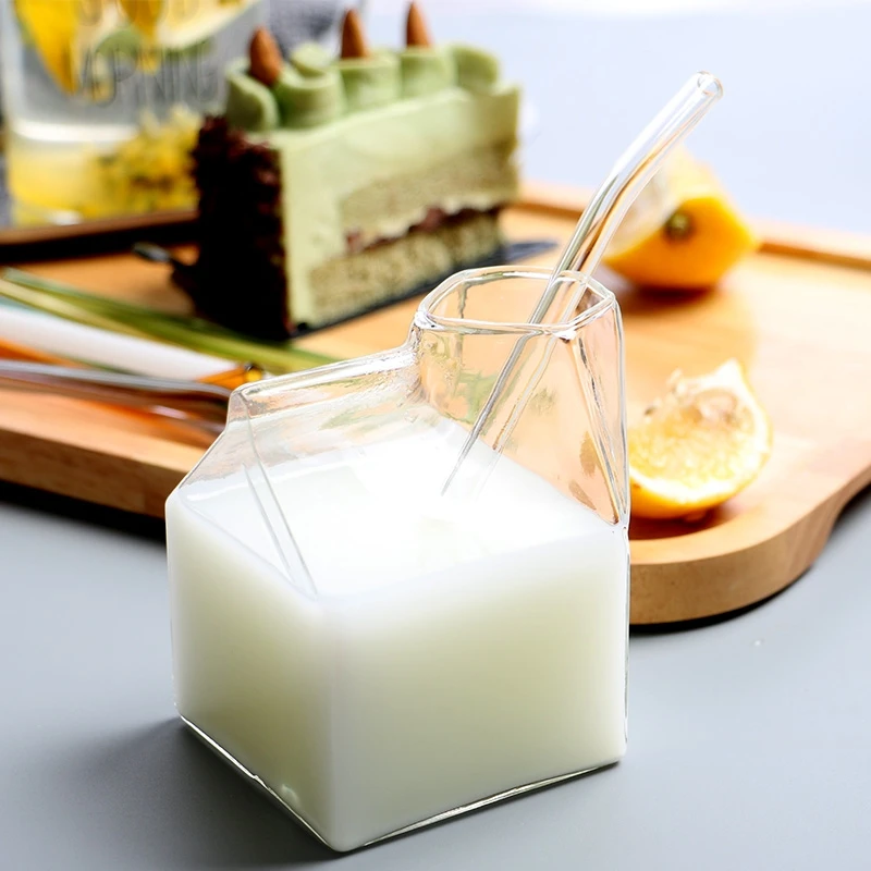 Reusable Clear 12 Oz Glass Milk Carton Durable Square Carton Shaped Mini Cute Glass Milk Jug Bottle Milk Cups for Coffee Juice
