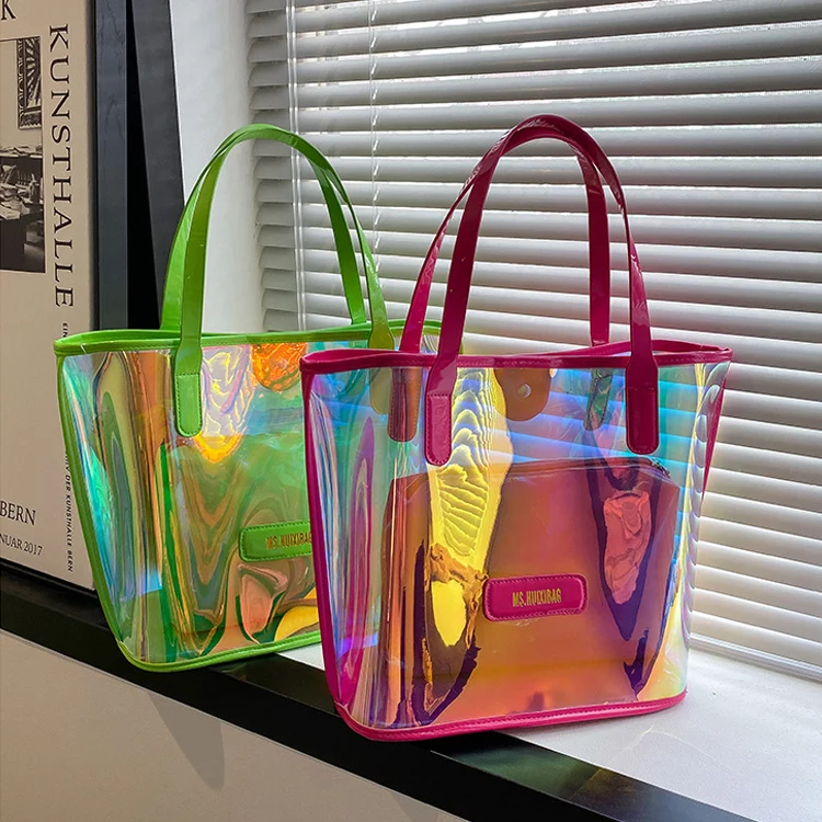 Reasuble Eco Large Waterproof Vinyl Jelly Clear Shopping Handbag Custom Transparent Neon Plastic PVC Tote Beach Bag