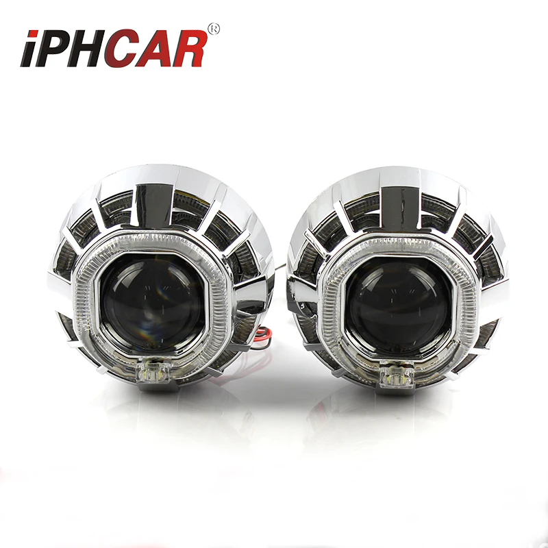 IPHCAR square hid projector lens dual led angel eyes hid projector lens kit Xenon Lights H7