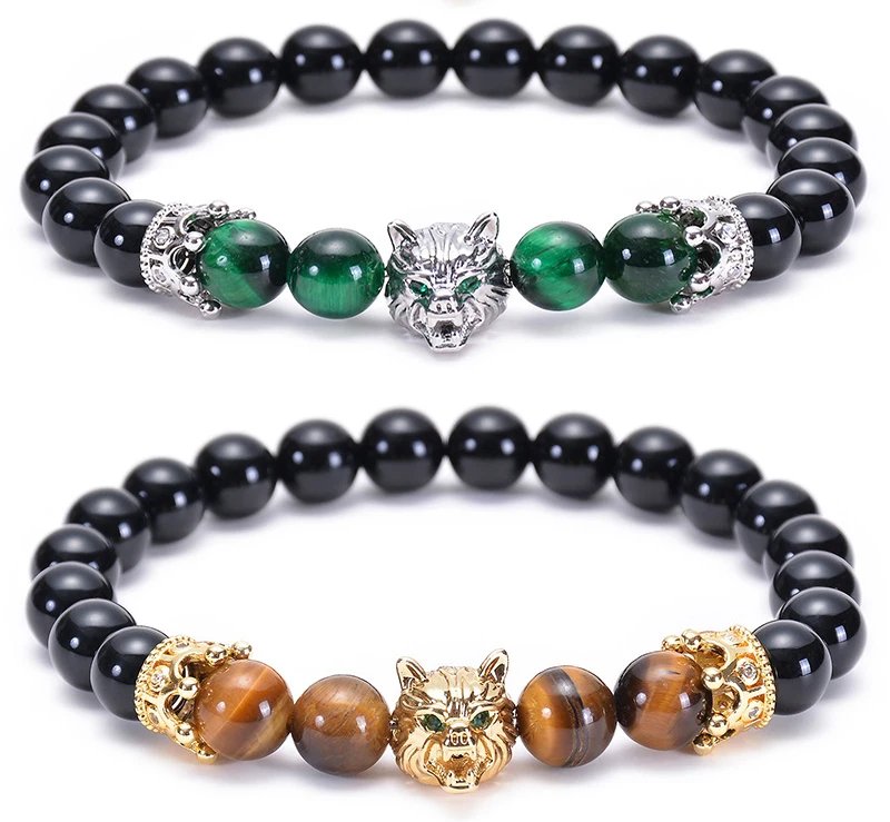 
2021 Natural Tiger Eye stone agate bracelet copper inlaid zircon Crown bracelet leopard head bracelet 
