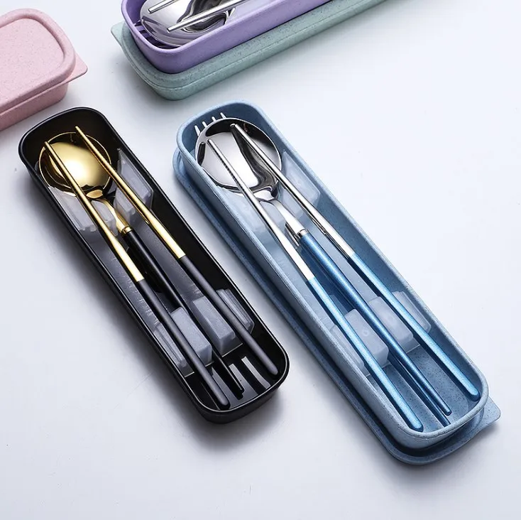 Portable Cutlery Set Travel Cutlery stainless steel Spoon Chopsticks Fork and Wheat Box