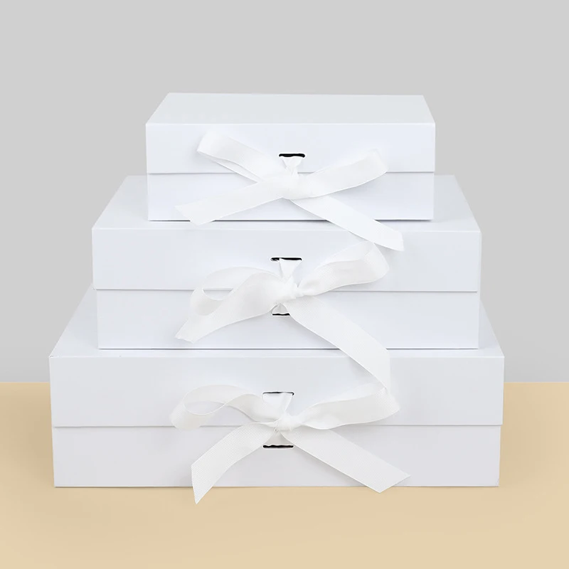 Wholesale stock white matte large gift boxes for boxed christmas wedding voila gift boxes invitation with satin ribbon lids