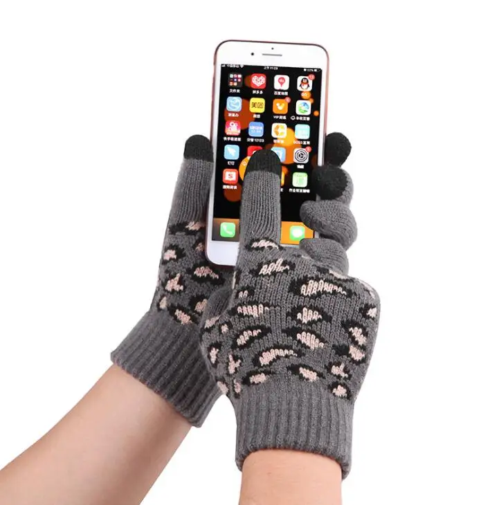 Customized Leopard 3 Piece Women Crochet Pompom Beanie  Scarf  Touch Screen Mittens Winter Knitted Scarf Gloves Beanies Sets