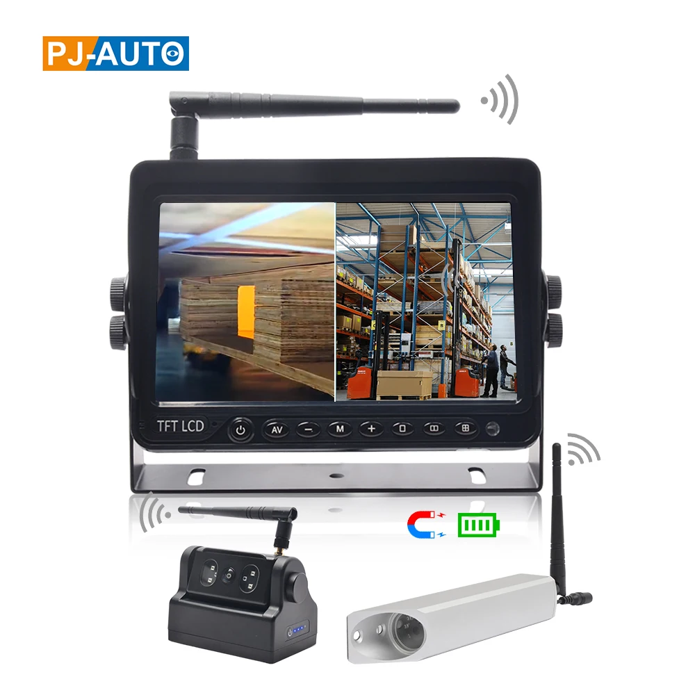 PJAUTO AHD Digital Wireless Car Reversing Backup Magnetic Battery Camera Kit Forklift Truck Van Wireless Camera Monitor System