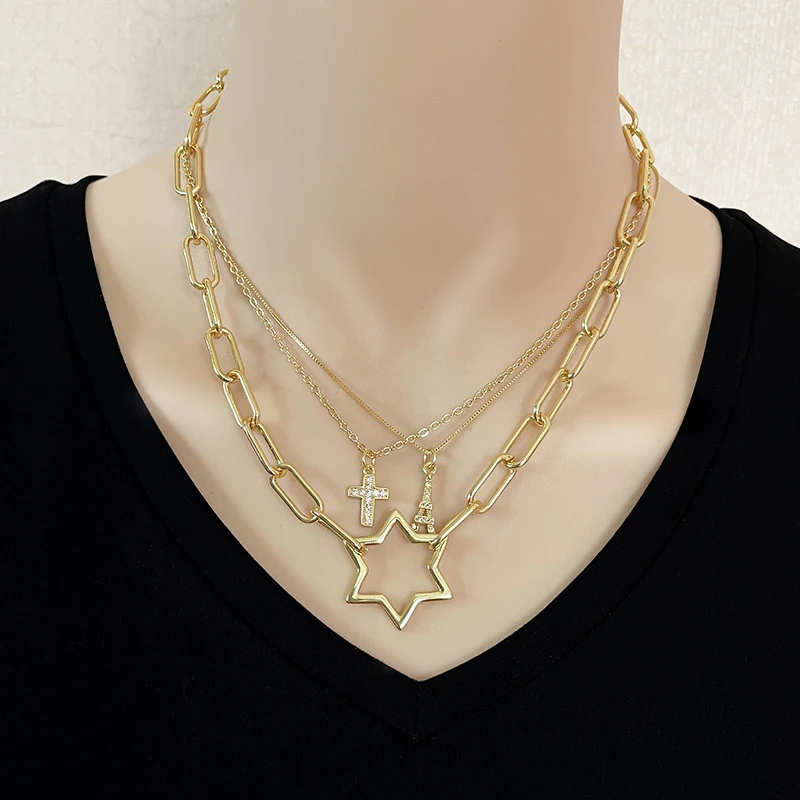 New Design Fashion Gold Plated Pendant Necklace DIY Cross Tower Accessories High Quality  Vintage Chain Necklace Jewelry