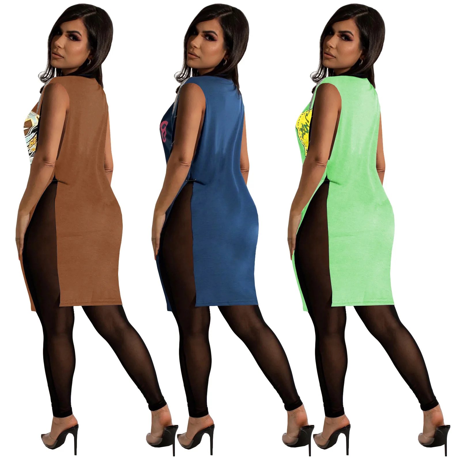 Wholesale Graphic Printed Tassel T shirt Dress For Women Deep V-neck Hip Hop Sleeveless Split Mini Dresses