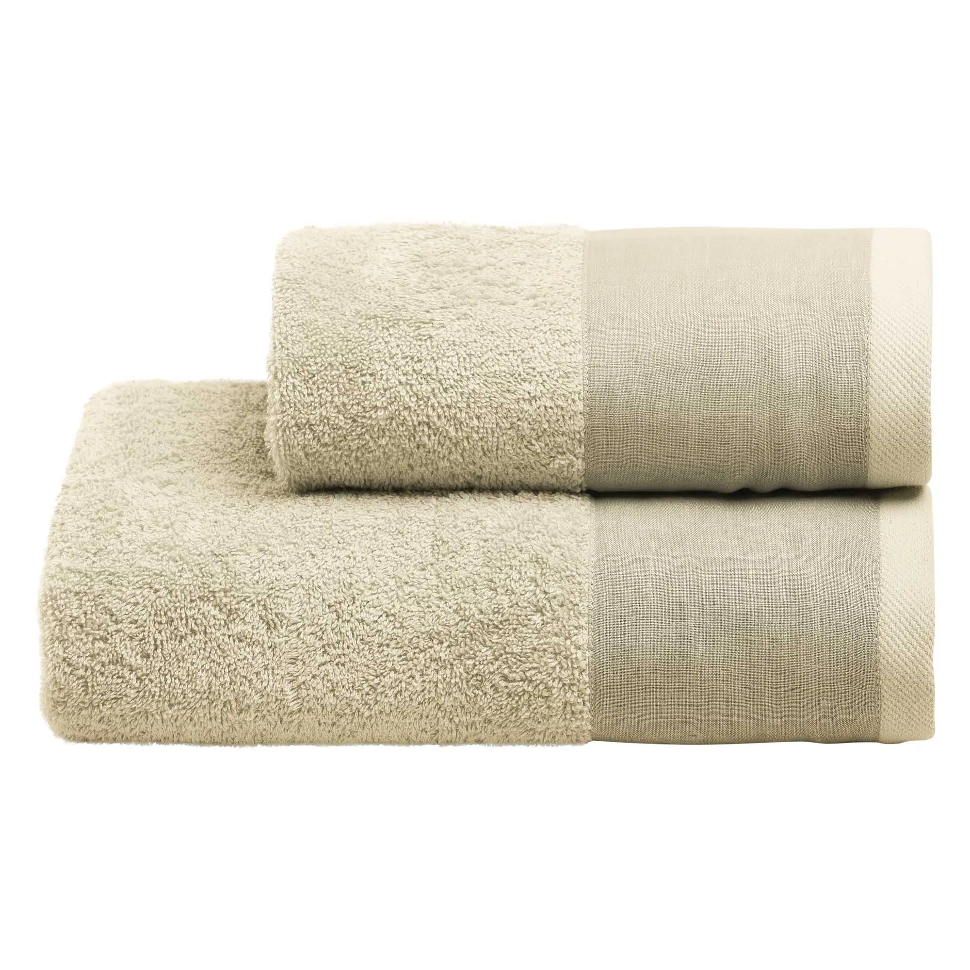 Excellent Quality 530 Gsm Terry Cotton Hand + Guest Towel Set With Stonewashed Linen Border Loira For Bathroom