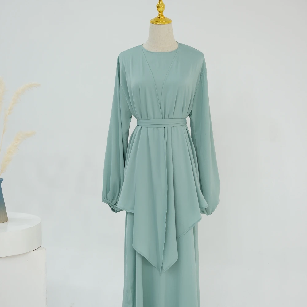 2 Piece Satin Abaya Set with Skirts Free Belt Elegant Luxury Modest Eid Muslim Women Dress Islamic Clothing Wholesale Abaya