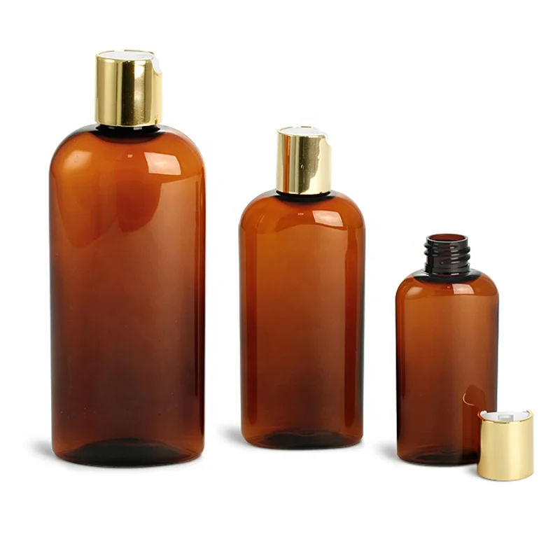Plastic Bottles Amber PET Cosmo Ovals with Black Disc Top Caps