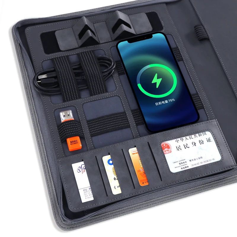 Custom design a4 leather pu zipper portfolio business file folder padfolio with phone holder