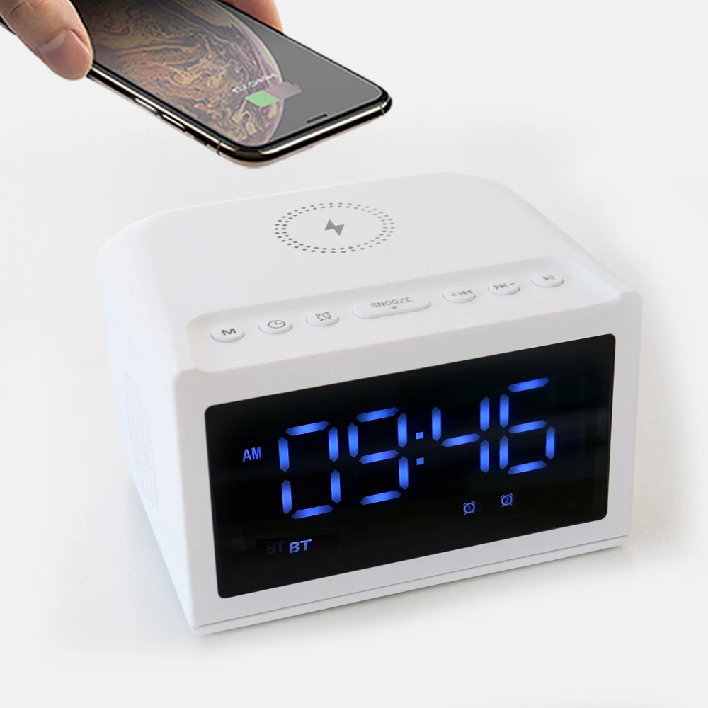 Alarm Clock Speaker with Wireless Charger LED Digital Display Support BT , TF , AUX , FM Radio