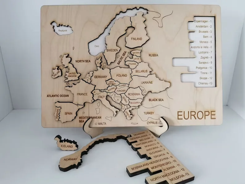 Wooden puzzle Europe map with capital Under Europe wooden map puzzle for home decor