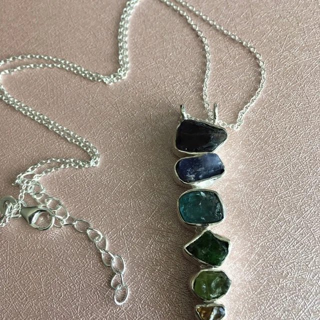 7 Chakras Stone Healing Handmade Pendant Necklace Jewelry with Real Raw Gemstones, Solid 925 Sterling Silver Chain for Women