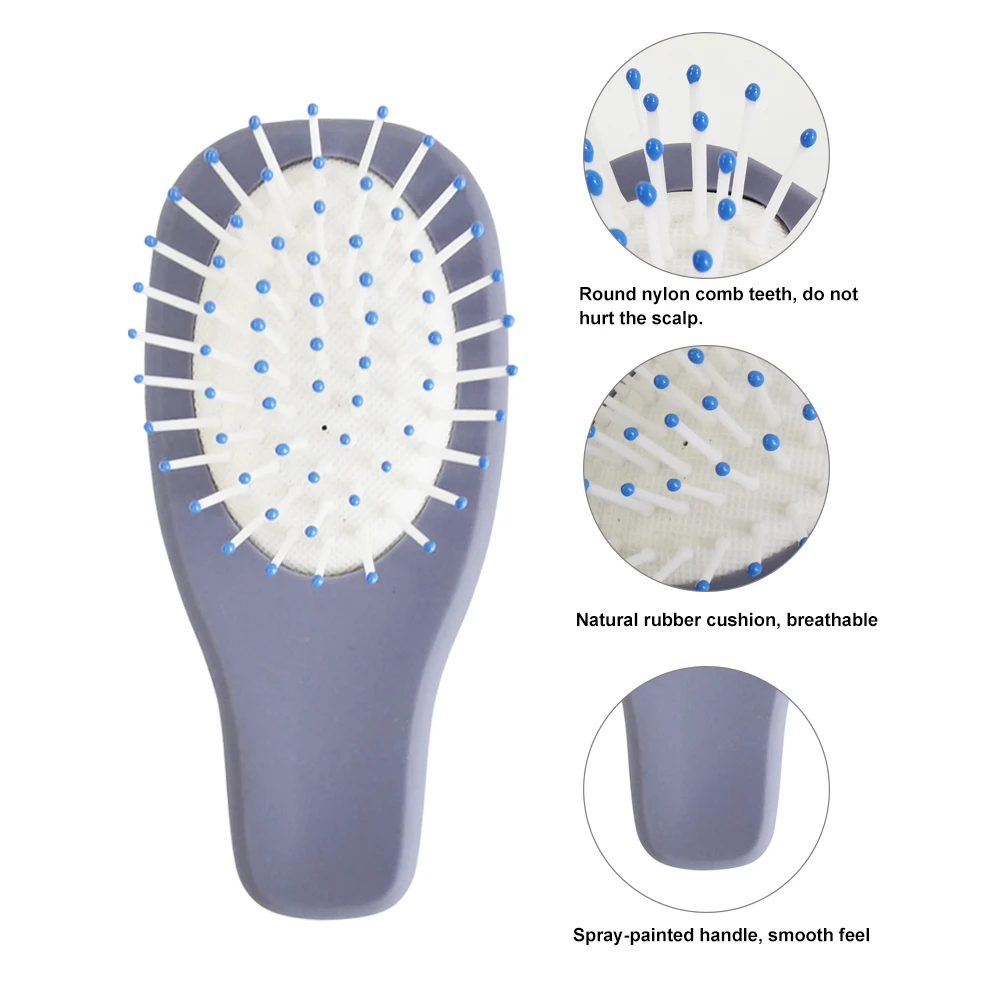 Colorful Cute Portable Mini Size Baby Travel Pocket Oval Cushion Rubber Touch Plastic Hair Brush For Kids With Nylon Pins