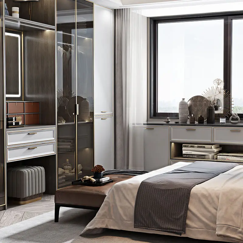 Modern White Wood PVC Sliding Bedroom Wall Wardrobe MDF Door Clothes Cabinet with Mirror Dressing Drawer Closet Design