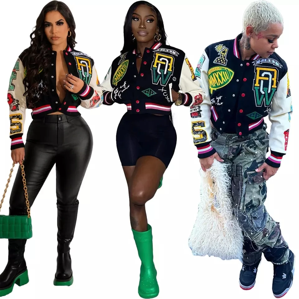 OLAF Wholesale Long Sleeves Coats Letter Printed Varsity Baseball Jacket Women Unisex Crop Letterman Varsity Jacket