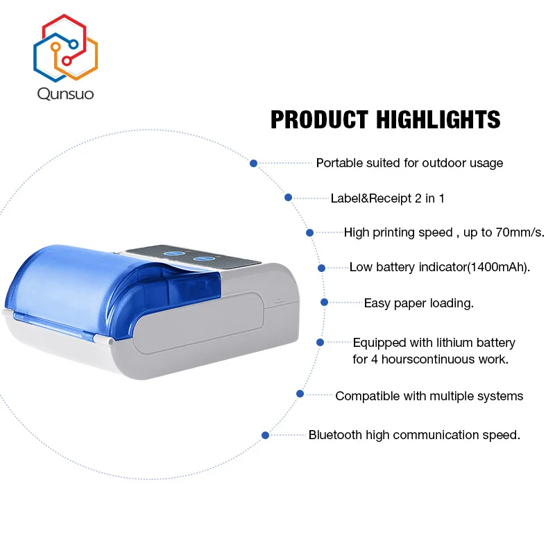 Pos58 Mini Portable Thermal Receipt Printer QS5803 Thermal Label Printer Wireless Bluetooth RS232 Pocket Printer Wholesale