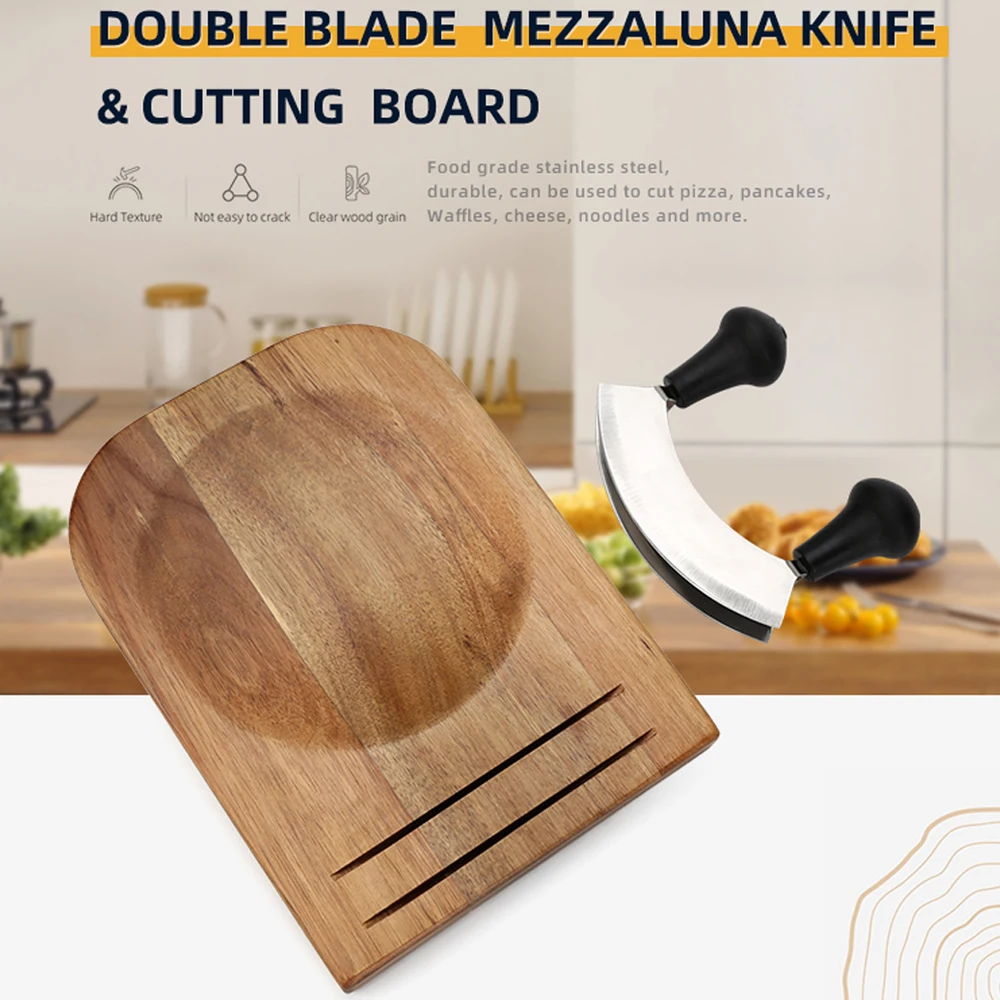 Rocker Tools Mezzaluna Knife and Cutting Board Set Wooden Chopping Board Bowl