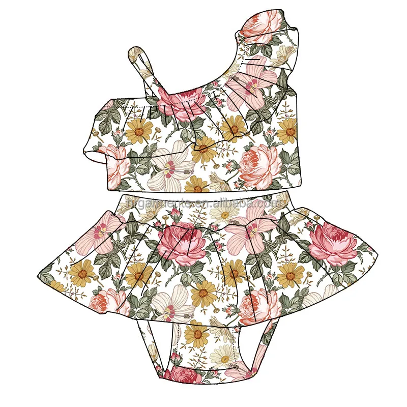 Купальный костюм для девочек комплект плавания с цветочным принтом топ оборками и юбка высокой талией бикини 15 лет