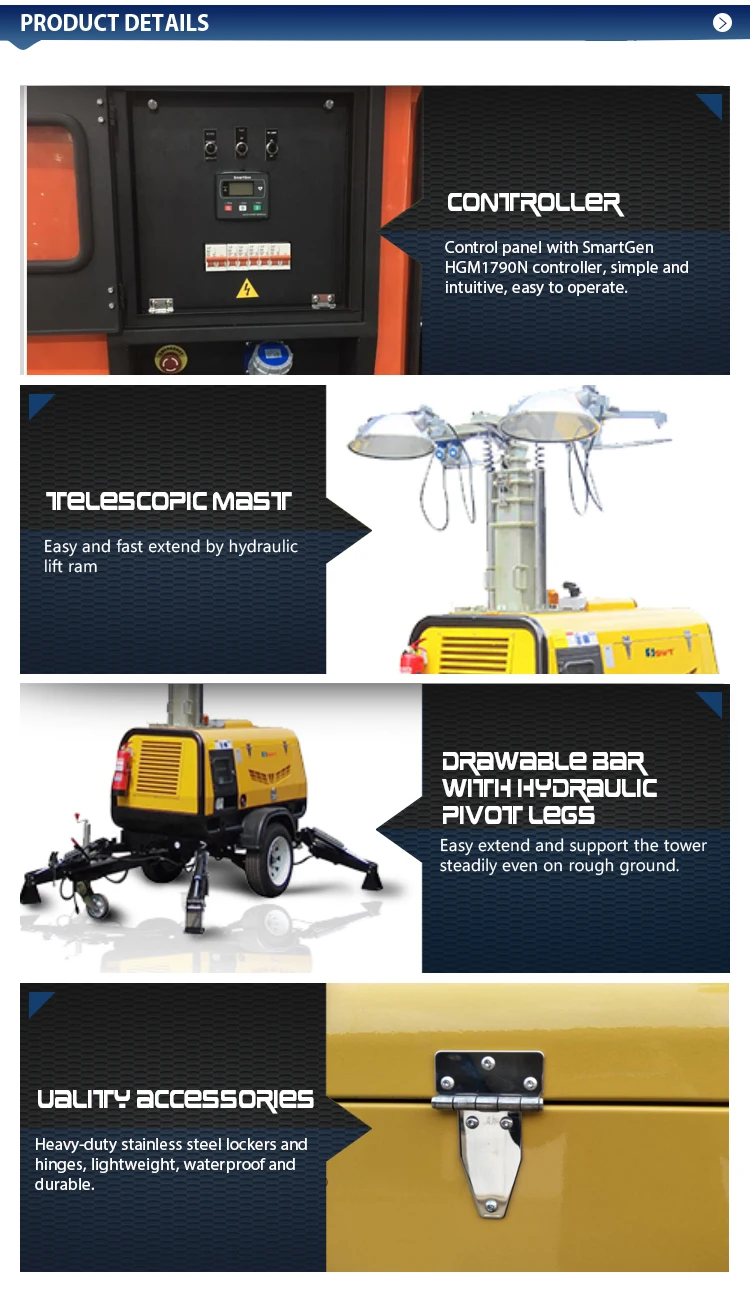 5m 7m 9m Mobile Light Tower Adjust Height Manually Sports Stadium 4HVP4000 diesel Harness with Kubota Engine