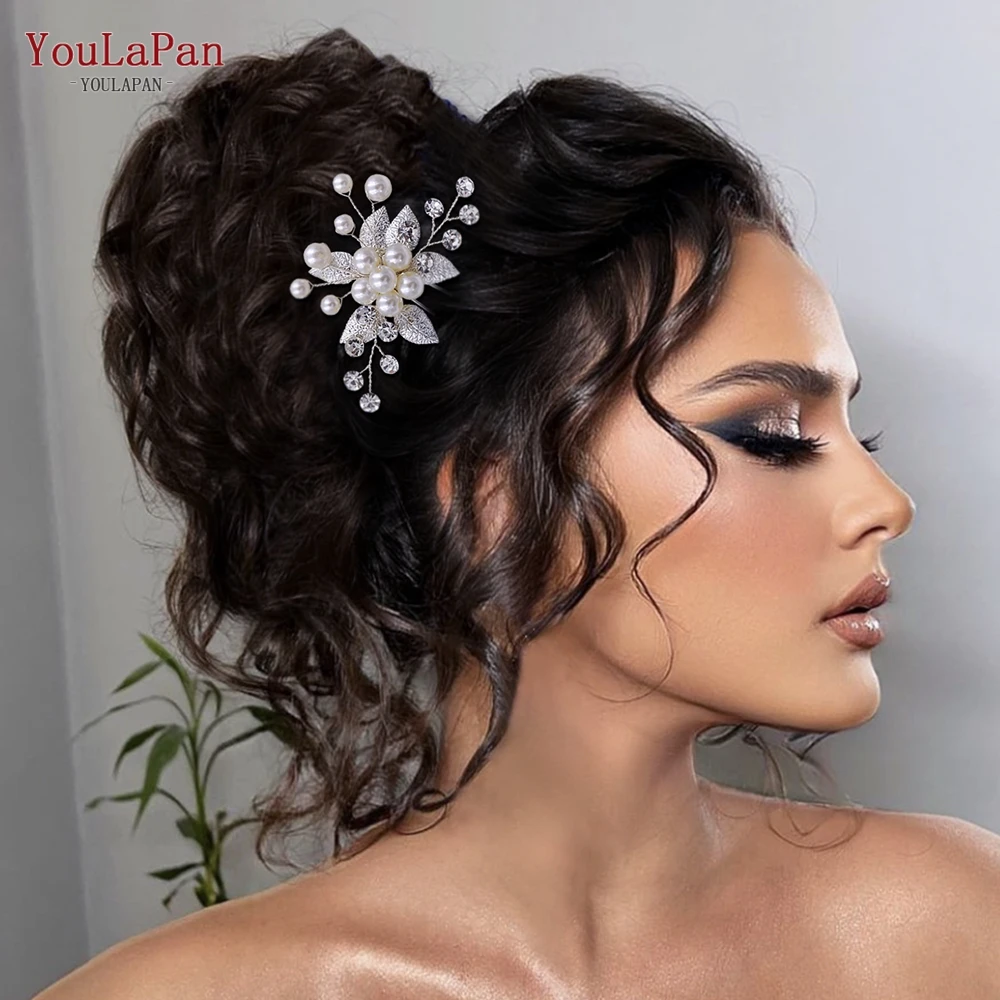 YouLaPan HP506 Handmade Wedding Hair Accessories Silver Leaf Tiara Hair Jewelry Pearl Hairfork For Women Bride
