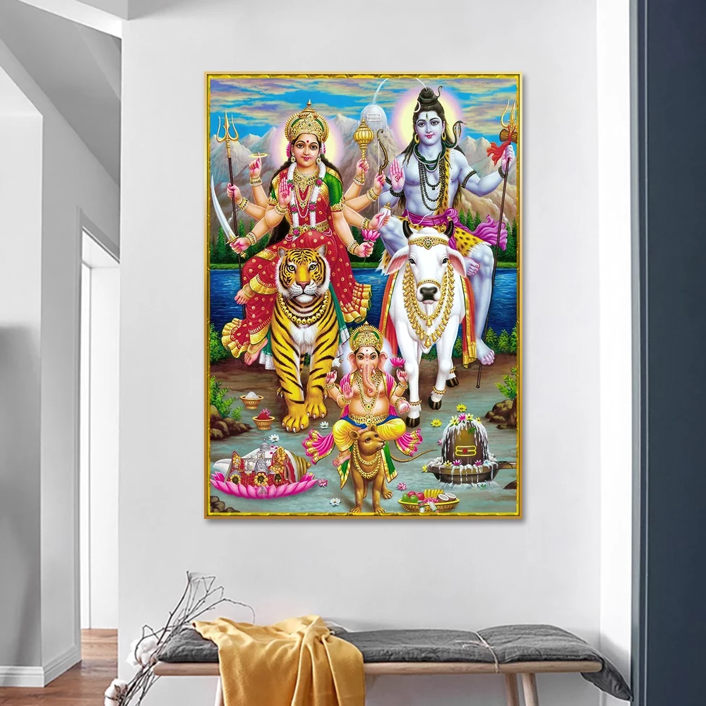 Shiva with Durga and Ganesha in Himalaya Printed Poster Painting with Frame Canvas Home Decoration for Hindu Religious Worship