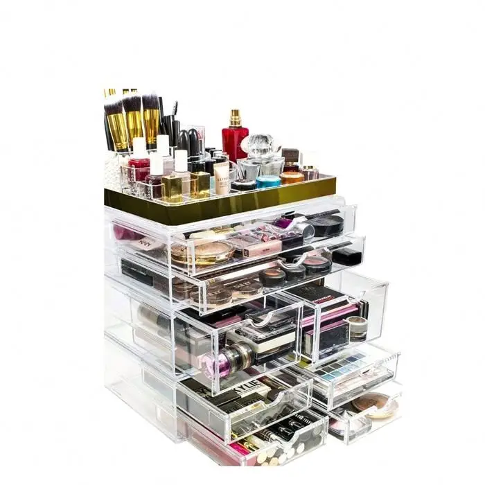 Акриловый косметический ящик для хранения косметики и ювелирных изделий с золотой отделкой для ванной комнаты, туалетного столика и столешницы