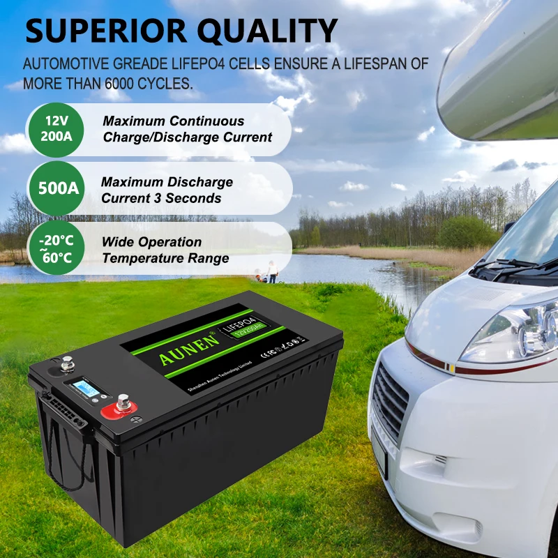AUNEN 12V 100AH 200AH 260AH LiFePo4 Battery Pack Cells Lithium Iron Phosphate Solar Batteries Built-in BMS For RV Boat Inverter